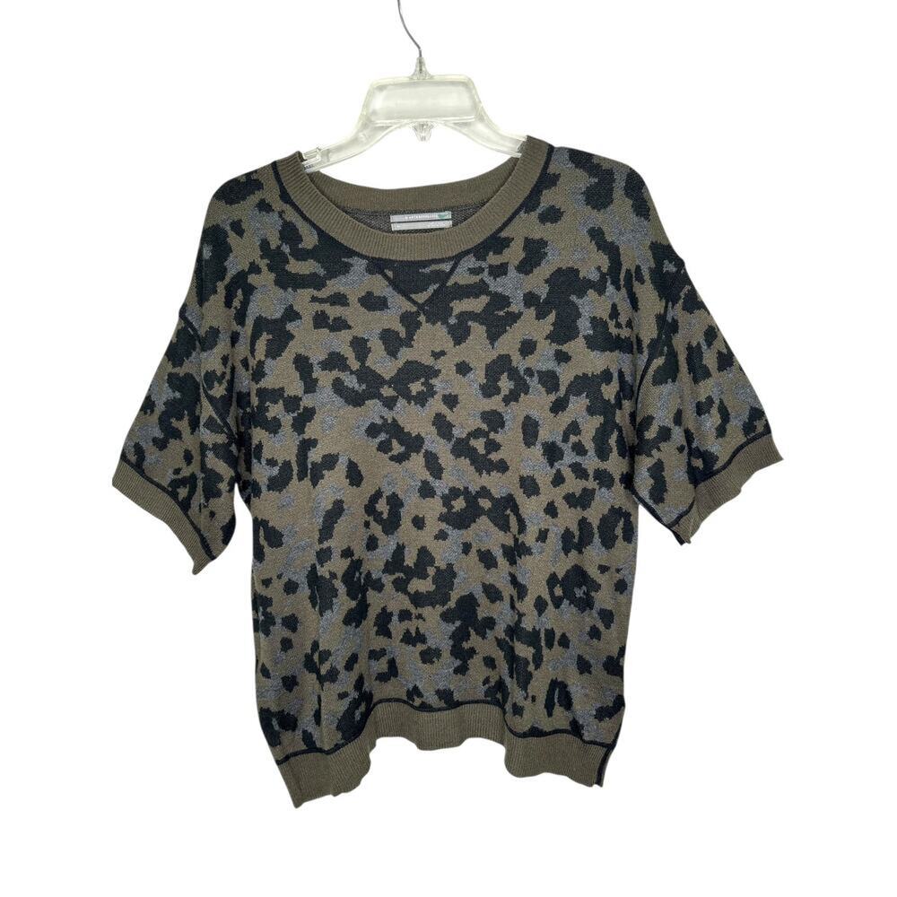 Anthropologie Ethan Green Gray Black Leopard Print Short Sleeve Sweater